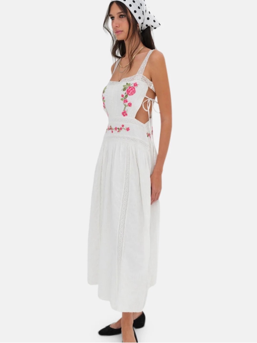 For Love And Lemons White Embroidered Floral Midi Dress With Side Tie